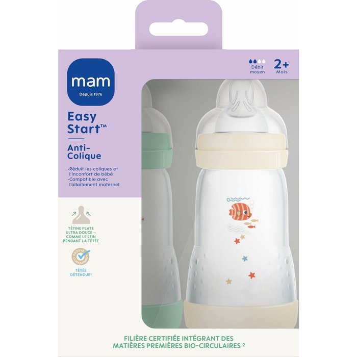 MAM Lot de 2 Biberons Easy Start Anti-colique 260 ml Menthe + Coton MAM Lot de 2 Biberons Easy Start Anti-colique 260 ml Menthe + Coton