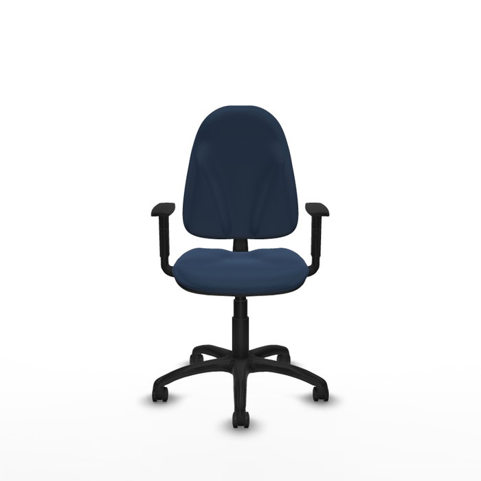 Chaise de bureau Algarra avec mécanisme Contact permanent de base, rembourrée en simili cuir bleu marine. Équipée d'une base en polyamide noir, d'accoudoirs 1D et de roulettes pour parquet Chaise de bureau Algarra avec mécanisme Contact permanent de base, rembourrée en simili cuir bleu marine. Équipée d'une base en polyamide noir, d'accoudoirs 1D et de roulettes pour parquet
