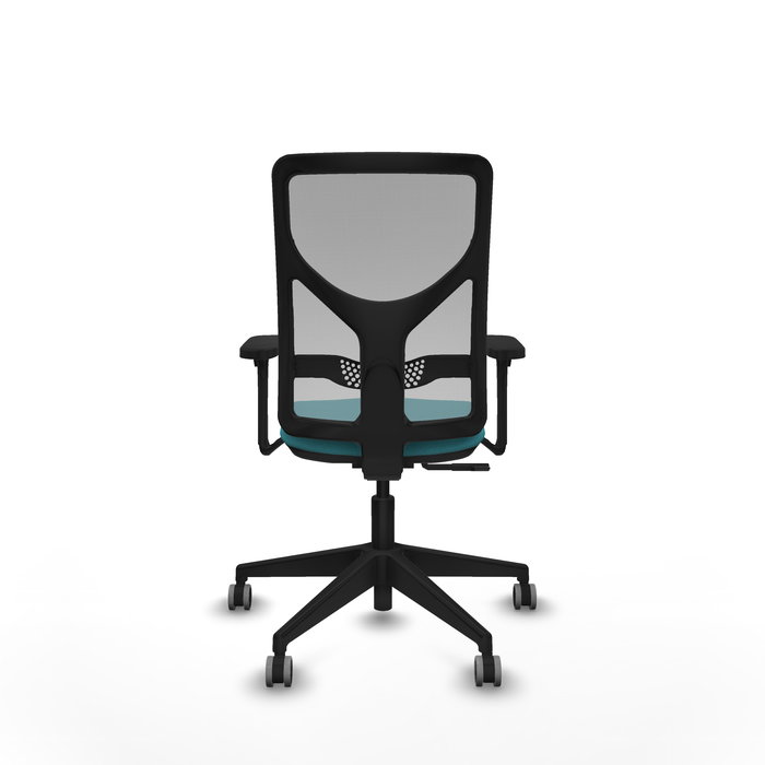 Chaise Motilla Synchro 3 positions tissu Turquoise Maille Gris Base pyramidale noire Accoudoir 3D Sans appui-tête Roulettes 65mm pour moquette