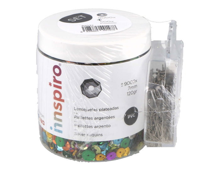 Innspiro Set de paillettes argentées 120g et 500 épingles à bout rond Innspiro Set de paillettes argentées 120g et 500 épingles à bout rond