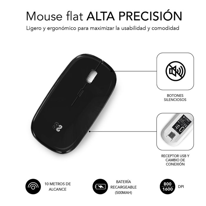 Souris Bluetooth Sans Fil Subblim SUBMO-DFLAT20 Noir 1600 dpi