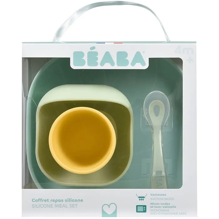 Beaba Pack Premier Repas Bébé - Coffret 4 pièces en silicone (Assiette, bol, verre, cuillère) - Jaune/Vert - Compatible micro-ondes et lave-vaisselle - Sans BPA, PVC, phtalates