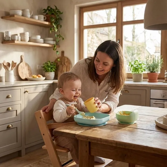 Beaba Pack Premier Repas Bébé - Coffret 4 pièces en silicone (Assiette, bol, verre, cuillère) - Jaune/Vert - Compatible micro-ondes et lave-vaisselle - Sans BPA, PVC, phtalates