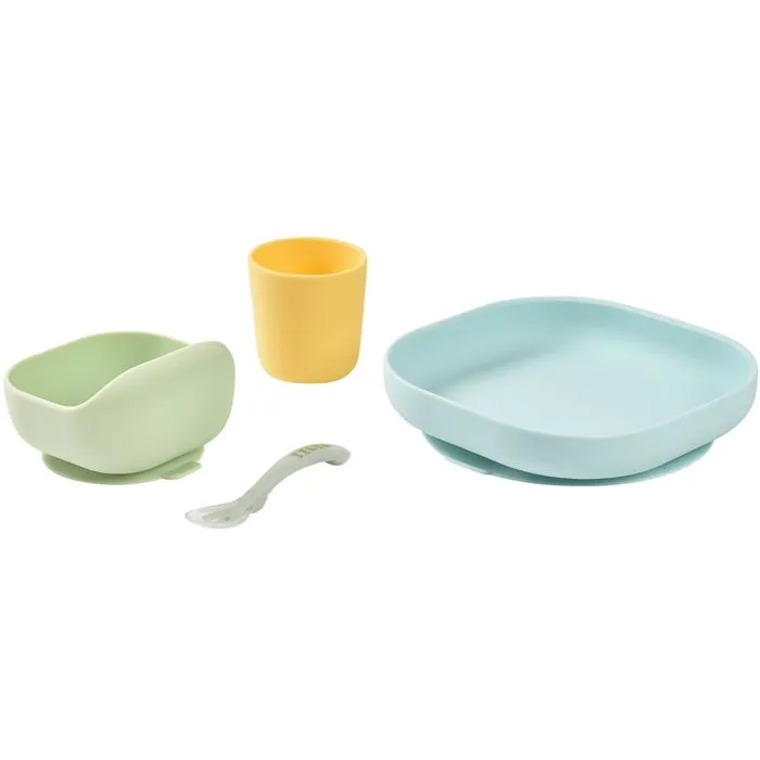 Beaba Pack Premier Repas Bébé - Coffret 4 pièces en silicone (Assiette, bol, verre, cuillère) - Jaune/Vert - Compatible micro-ondes et lave-vaisselle - Sans BPA, PVC, phtalates