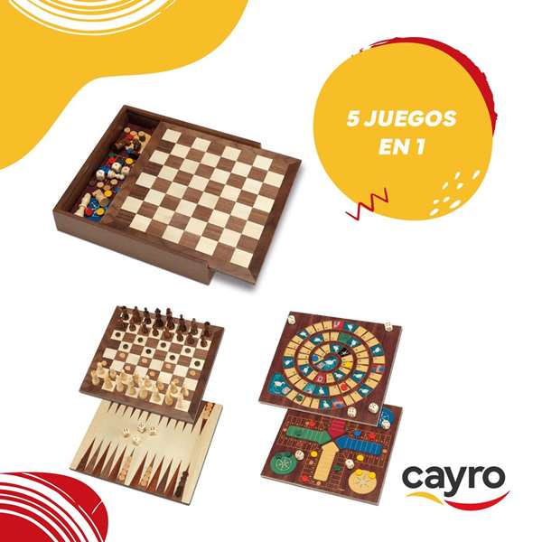 Cayro - Jeux en bois dans coffret avec accessoires - Set de 5 jeux - Dimensions 29 x 29 cm