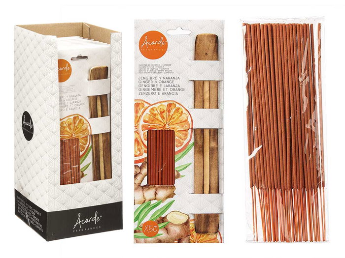 Acorde Lot de 50 bâtons d'encens avec support en bois, bambou et essence, parfum orange gingembre, 12x29,5x2 cm (Set de 24)