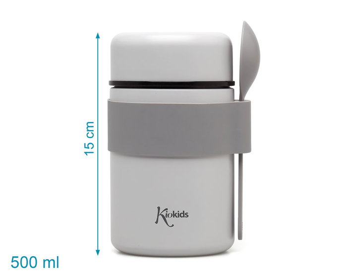 KioKids Thermos pour bébé avec cuillère et contenance de 500 ml, intérieur en acier inoxidable 304, maintient température 12h, gris