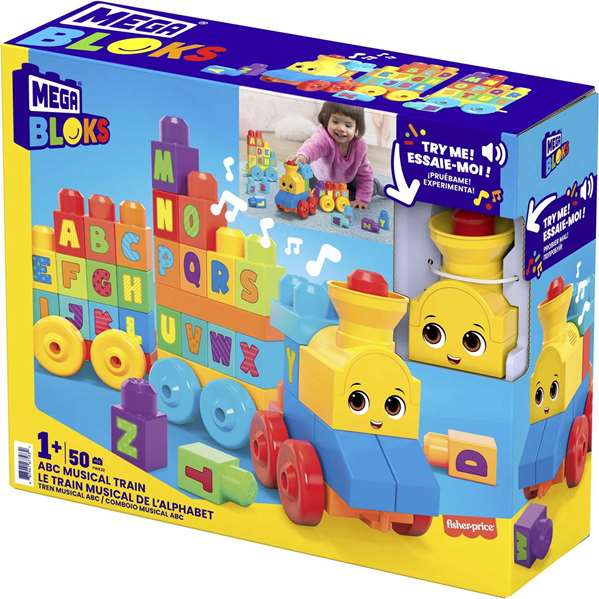 Fisher-Price - Train musical ABC avec sons - Jouet éducatif 50 pièces - 6 à 99 mois - Langue: espagnol/portugais - Fonctionne avec piles AAA incluses