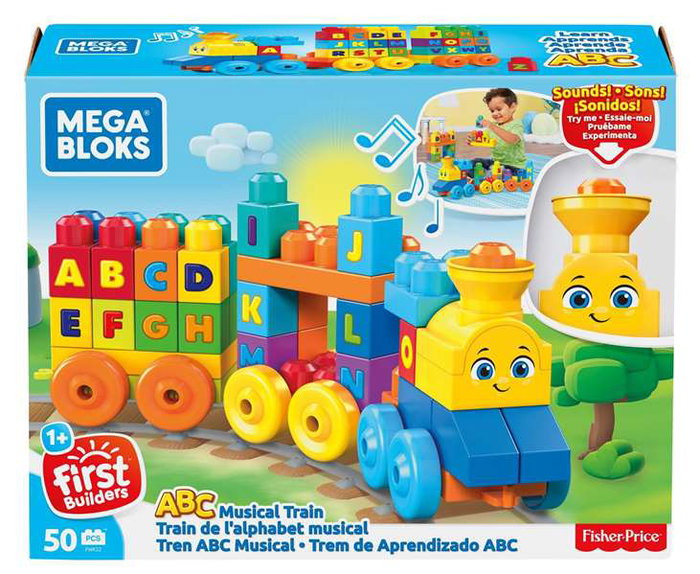 Fisher-Price - Train musical ABC avec sons - Jouet éducatif 50 pièces - 6 à 99 mois - Langue: espagnol/portugais - Fonctionne avec piles AAA incluses