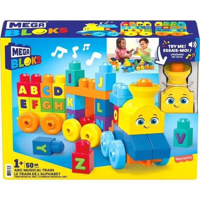 MEGA BLOKS Le Train de l'Alphabet, Jouet de construction avec 60 briques imprimées, pour apprendre les lettres et former des mots, 12 mois et plus, Réf. FWK22
