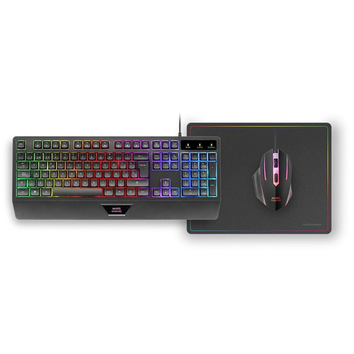 Mars Gaming Combo MCP124ES : Clavier H-Mech + Souris 3200 DPI + Tapis, RGB, QWERTY Espagnol, Noir
