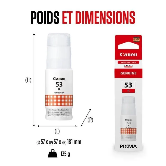 Canon GI-53R Bouteille d'encre rouge 60 ml - Compatibilité imprimantes PIXMA G650 et G550 - Haute capacité jusqu'à 3800 photos - Faible coût par page
