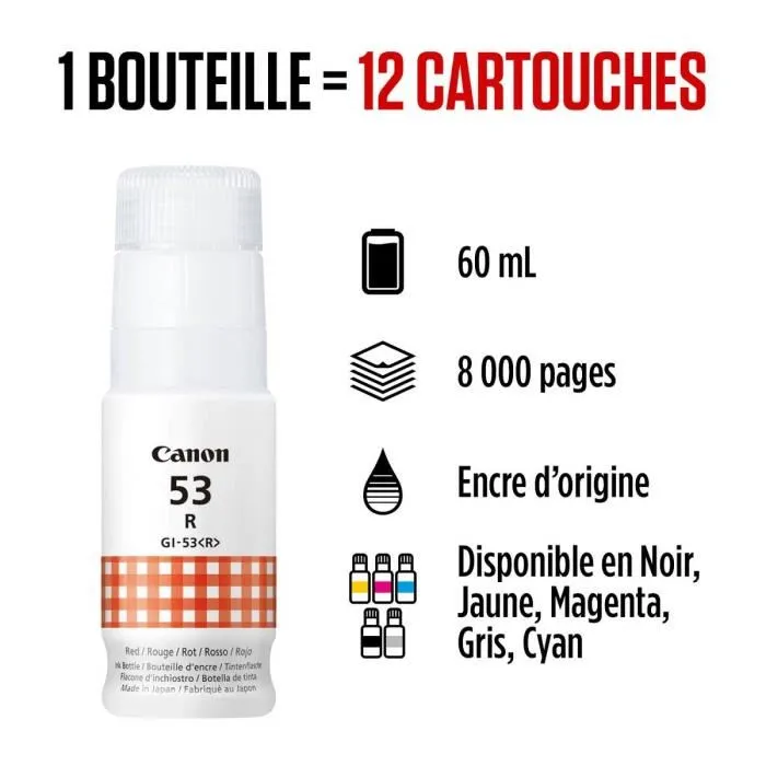 Canon GI-53R Bouteille d'encre rouge 60 ml - Compatibilité imprimantes PIXMA G650 et G550 - Haute capacité jusqu'à 3800 photos - Faible coût par page