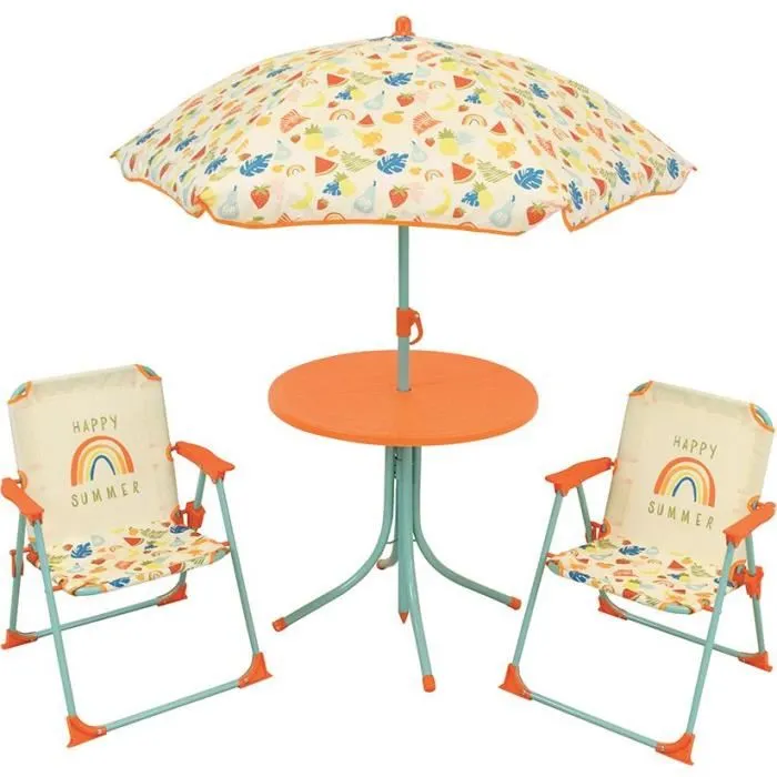 Fun House Salon de jardin Fruity's pour enfant - 1 table ronde (H46 cm x D46 cm), 2 chaises (H53 cm x L39 cm x P39 cm), 1 parasol (H125 cm x D100 cm) - Plastique, à partir de 3 ans Fun House Salon de jardin Fruity's pour enfant - 1 table ronde (H46 cm x D46 cm), 2 chaises (H53 cm x L39 cm x P39 cm), 1 parasol (H125 cm x D100 cm) - Plastique, à partir de 3 ans
