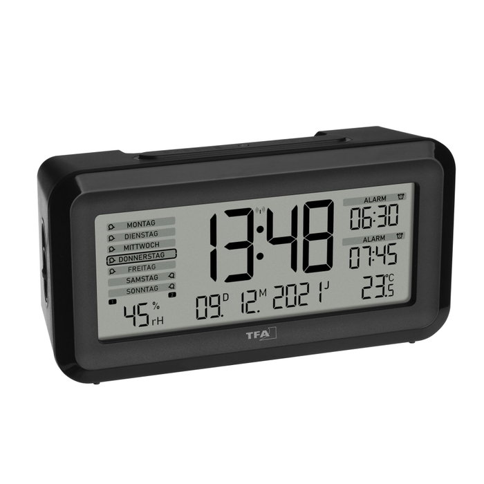 TFA BOXX2 Réveil Digital Radio-commandé avec Climat de la Pièce, Noir