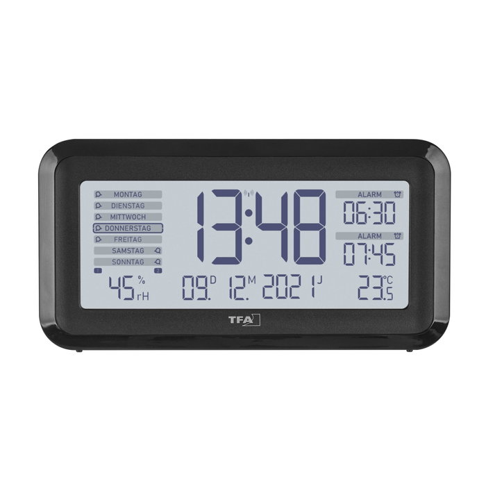 TFA BOXX2 Réveil Digital Radio-commandé avec Climat de la Pièce, Noir