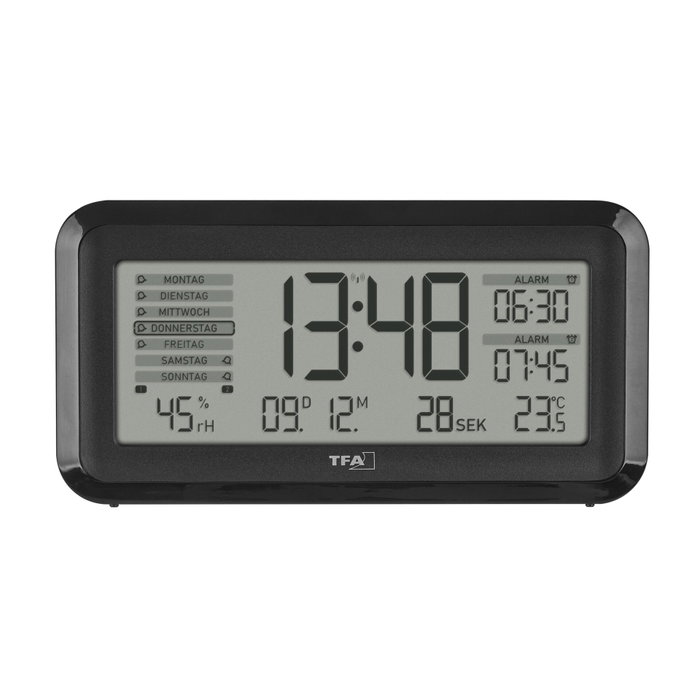 TFA BOXX2 Réveil Digital Radio-commandé avec Climat de la Pièce, Noir