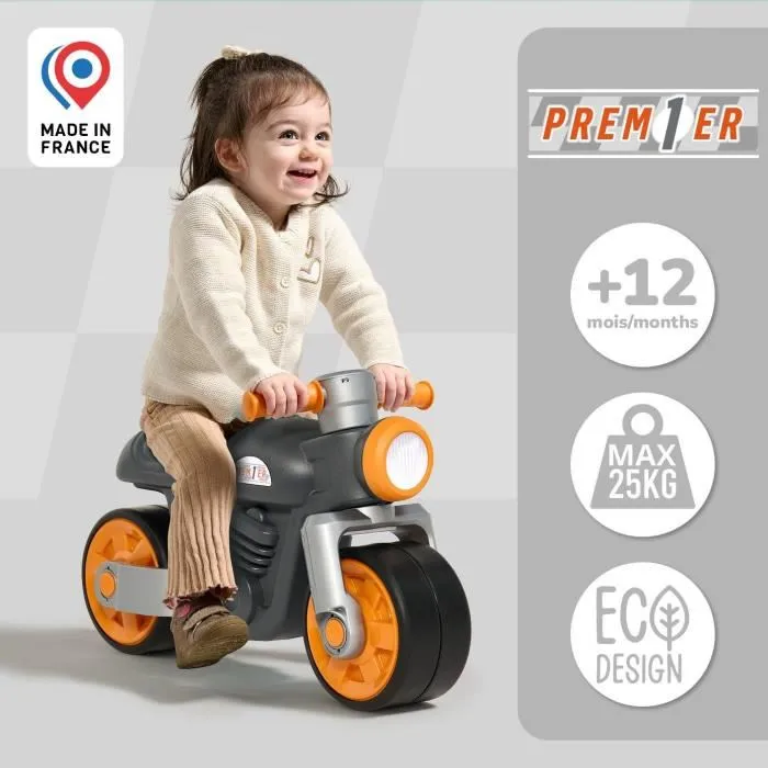 FALK Draisienne Moto Premier - Gris - Roues silencieuses antidérapantes - 75% Plastique Recyclé - 100% Fabriqué en France - Pour enfants dès 12 mois
