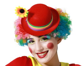 Chapeau de Clown Felt Rouge Femme Adulte pour Cirque - Décoré Ruban Rayures Arc-en-Ciel et Fleur Jaune - Idéal Costume Fête Carnaval