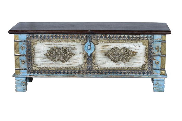 GINER Y COLOMER Buffet coffre en bois de manguier massif bleu vieilli et cerisier avec détails en bronze - 45 x 116 x 40 cm