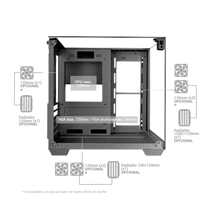 Mars Gaming MC-VISIONM Boîtier Micro-ATX Double Chambre, Cristal Trempé, 6 Ventilateurs 120mm, Noir, ARGB, Ventilation Avancée