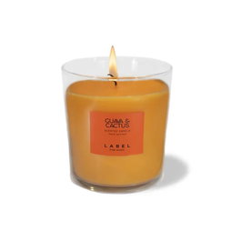 Label - Bougie parfumée Guava&Cactus 220g, cire végétale, couleur orange vif, fragrance tropicale verte et éclatante