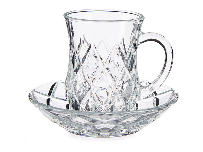 Vivalto Set de 4 Tasses en Verre avec Soucoupe Motif Losange 125 ml Transparent 12x9x12 cm (Set de 12)