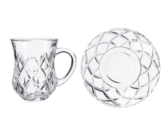 Vivalto Set de 4 Tasses en Verre avec Soucoupe Motif Losange 125 ml Transparent 12x9x12 cm (Set de 12)