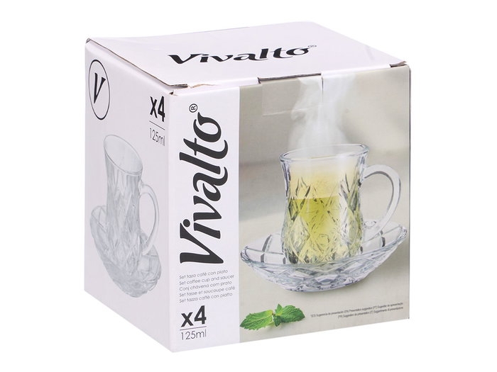 Vivalto Set de 4 Tasses en Verre avec Soucoupe Motif Losange 125 ml Transparent 12x9x12 cm (Set de 12)