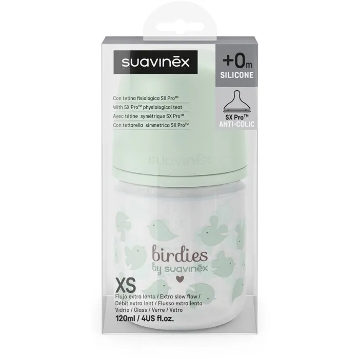 Suavinex Birdies - Biberon en verre 120 ml avec tétine physiologique SX Pro XS - 0 à 3 mois - Vert