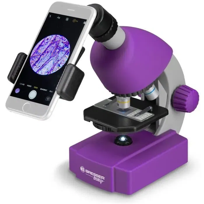 Bresser Junior - Microscope pour enfants 40x-640x avec éclairage LED et kit d'expérimentation (artémia) - Fonctionne sur piles, compact et léger
