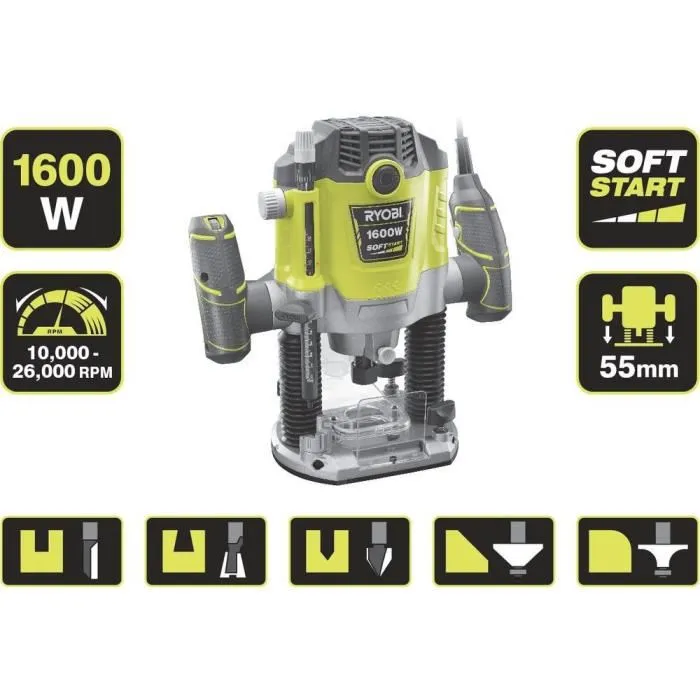 Ryobi RRT1600-K Défonceuse 1600W, coffret avec 5 fraises, vitesse 10000-26000 tr/min, pinces 6/8 mm
