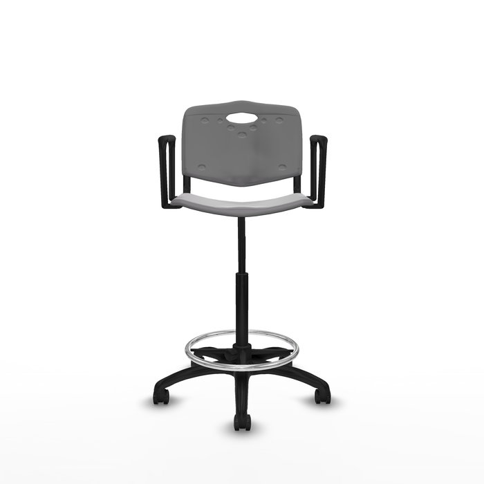 Tabouret Taburete Robledo Pivotant Chlorure de polyvinyle Gris clair Structure polyamide noire Accoudoirs fixes Sans appui-tête Roulettes pour moquette