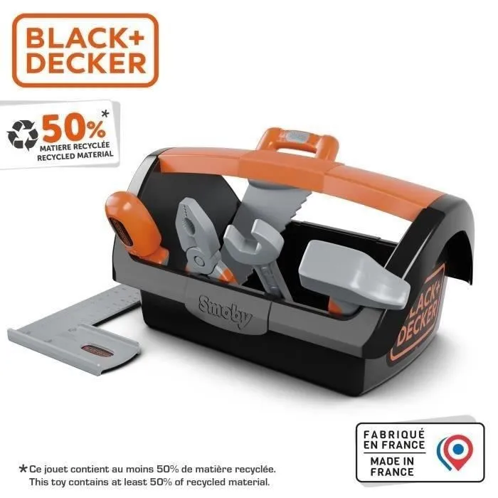 Smoby - Black & Decker - Boîte à outils pour enfants avec 6 outils (tournevis, scie, marteau) - Jouet de bricolage - À partir de 3 ans