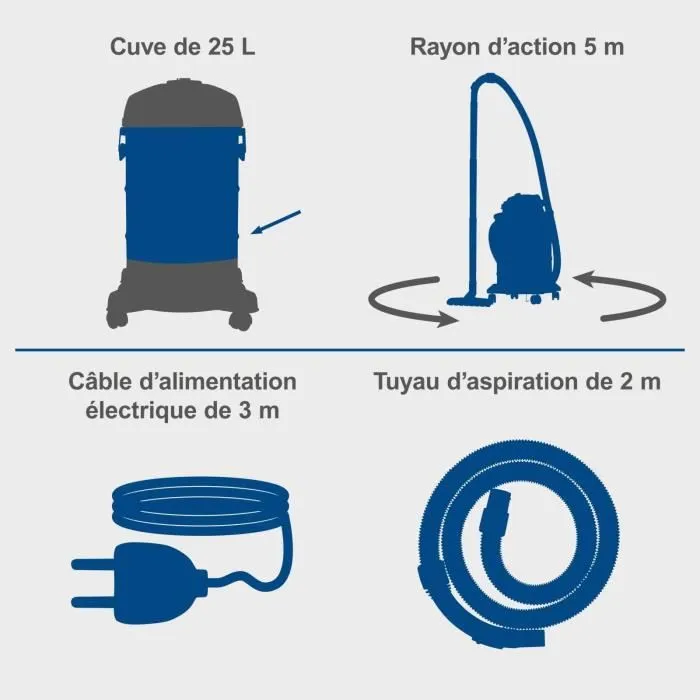 Scheppach Aspirateur eau et poussière 3 en 1, 1200W, 25L, inox, flexible 2m, modèle VC25 Scheppach Aspirateur eau et poussière 3 en 1, 1200W, 25L, inox, flexible 2m, modèle VC25