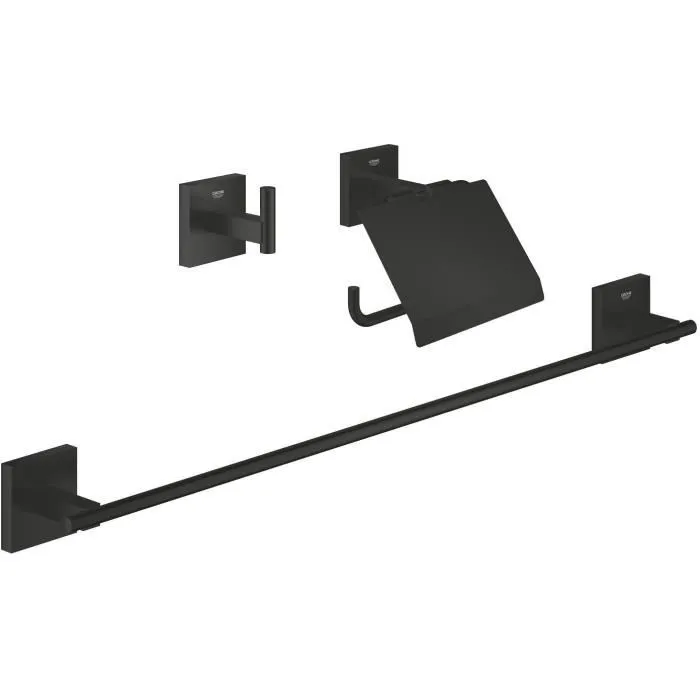 GROHE 411242430 - Set accessoires 3 en 1 noir mat pour salle de bain : porte-serviettes, porte-papier toilette, crochet - Métal, installation murale GROHE 411242430 - Set accessoires 3 en 1 noir mat pour salle de bain : porte-serviettes, porte-papier toilette, crochet - Métal, installation murale