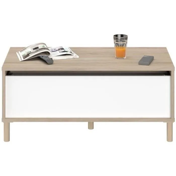 Parisot Table basse relevable MORPHOS - Blanc et chêne - Plateau relevable - 100.8 x 50 x 43.6 cm - Rectangulaire