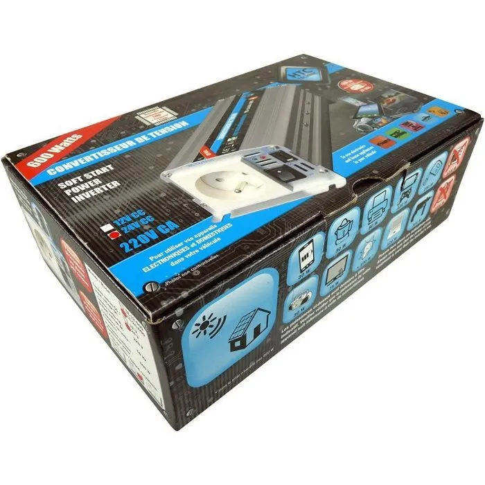 HTC Technic - Convertisseur de tension 24V/220V 600W - Prise USB 2A - Avec câbles batterie - Protections surchauffe, surcharge, inversion polarité