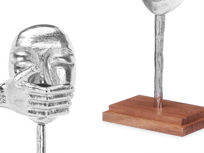 Giftdecor Figure Métal Main Bouche Argentée avec Support Bois 17x33x10 cm (Set de 6)