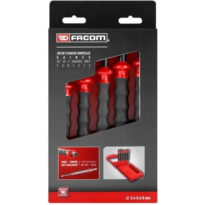 Facom 249.GPB Jeu de 5 chasse-goupilles gaines avec diamètres 3 à 8 mm en acier traité - Boîte de rangement Facom 249.GPB Jeu de 5 chasse-goupilles gaines avec diamètres 3 à 8 mm en acier traité - Boîte de rangement