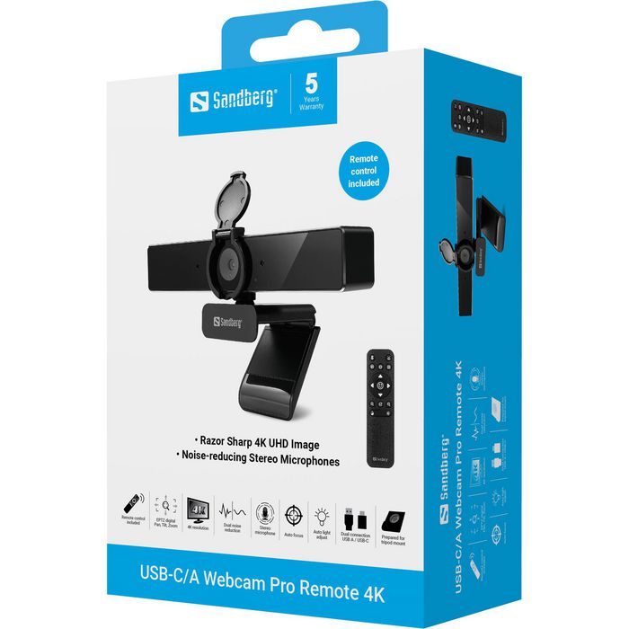 Sandberg Webcam USB-C/A Pro Remote 4K UHD avec micros stéréo à réduction de bruit et télécommande, cache de confidentialité Sandberg Webcam USB-C/A Pro Remote 4K UHD avec micros stéréo à réduction de bruit et télécommande, cache de confidentialité