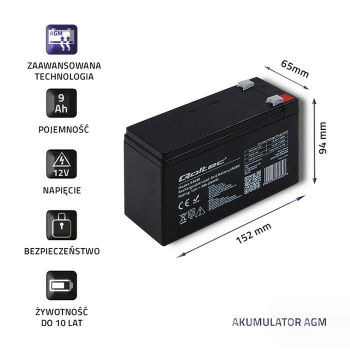 Batterie pour Système d'Alimentation Sans Interruption Qoltec 53031 9 Ah 12 V Batterie pour Système d'Alimentation Sans Interruption Qoltec 53031 9 Ah 12 V