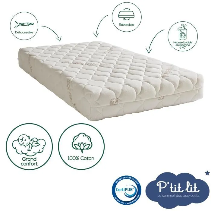 P'Tit Lit - Matelas Bébé Coton Bio 60x120 cm - Housse 100% Coton Délavable - Mousse Polyuréthane 23kg/m3 - Sans Traitement Chimique - Déhoussable
