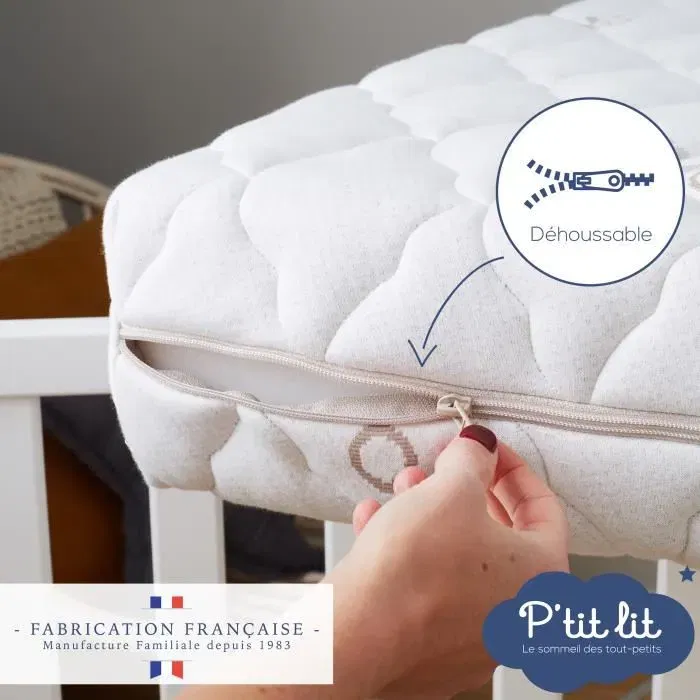 P'Tit Lit - Matelas Bébé Coton Bio 60x120 cm - Housse 100% Coton Délavable - Mousse Polyuréthane 23kg/m3 - Sans Traitement Chimique - Déhoussable
