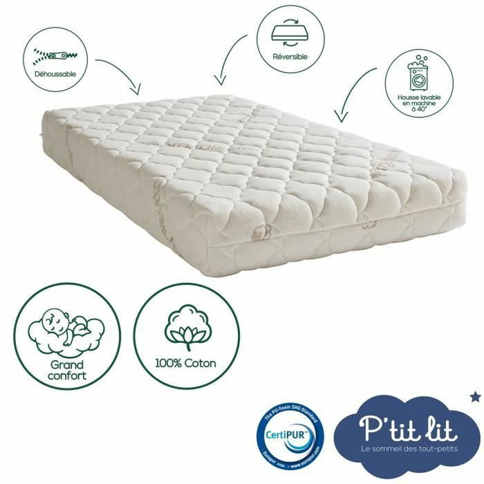 P'TIT LIT Matelas Bébé Coton Bio 60x120x10 cm Blanc P'TIT LIT Matelas Bébé Coton Bio 60x120x10 cm Blanc