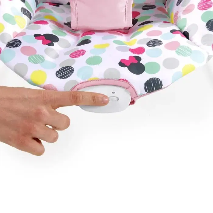 Disney Baby - Transat Bébé Minnie Confettis avec Arche d'Éveil, Vibrations Apaisantes, Jouets Amovibles et Housse Lavable en Machine