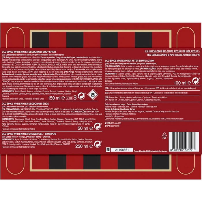 Old Spice - Coffret Soin Homme Whitewater 4 Pièces - Déodorant Stick, Spray, Gel Douche-Shampoing, Lotion Après-Rasage