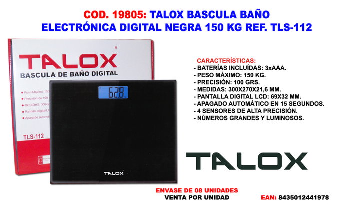 TALOX Balance de Bain Électronique Digitale Noire TLS-112, 150 kg TALOX Balance de Bain Électronique Digitale Noire TLS-112, 150 kg