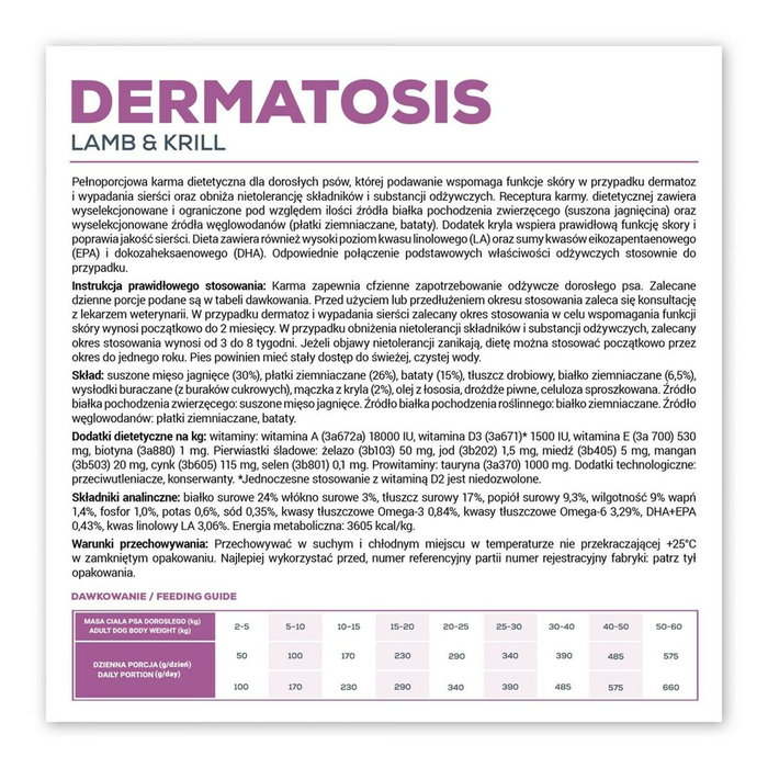 Nourriture VETEXPERT Dermatosis Dog Lamb & Krill Agneau 12 kg