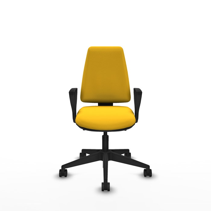 Chaise Elche Asynchrone Cuir écologique Jaune Base pyramidale noire Accoudoirs fixes Sans appui-tête Roulettes 65mm nylon